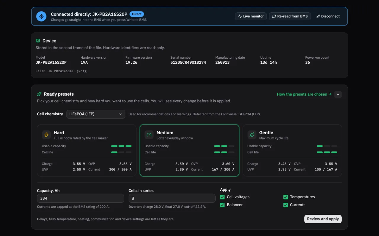 JK Preset Studio right after connecting to a JK BMS over Bluetooth: the link status bar on top and the settings read from the BMS below