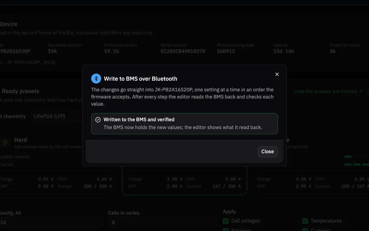 JK Preset Studio schreibt die Einstellungen Schritt für Schritt per Bluetooth in ein JK BMS und liest jeden Schritt zur Prüfung zurück