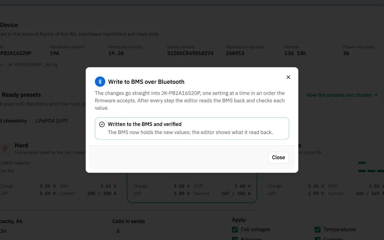 JK Preset Studio schreibt die Einstellungen Schritt für Schritt per Bluetooth in ein JK BMS und liest jeden Schritt zur Prüfung zurück